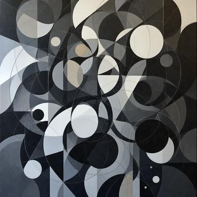 The primary subject of the image is a large, abstract painting featuring a variety of circles and other shapes. The setting is a white wall, which serves as the background for the painting. The visual style of the painting is a combination of digital art and illustration, creating a unique and intriguing design. The dominant colors in the painting are black, white, and gray, giving the artwork a modern and minimalist appearance.
